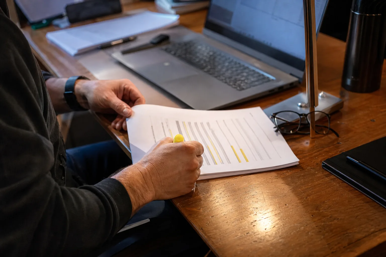 Solutions engineer highlighting scope lines on a printed statement of work