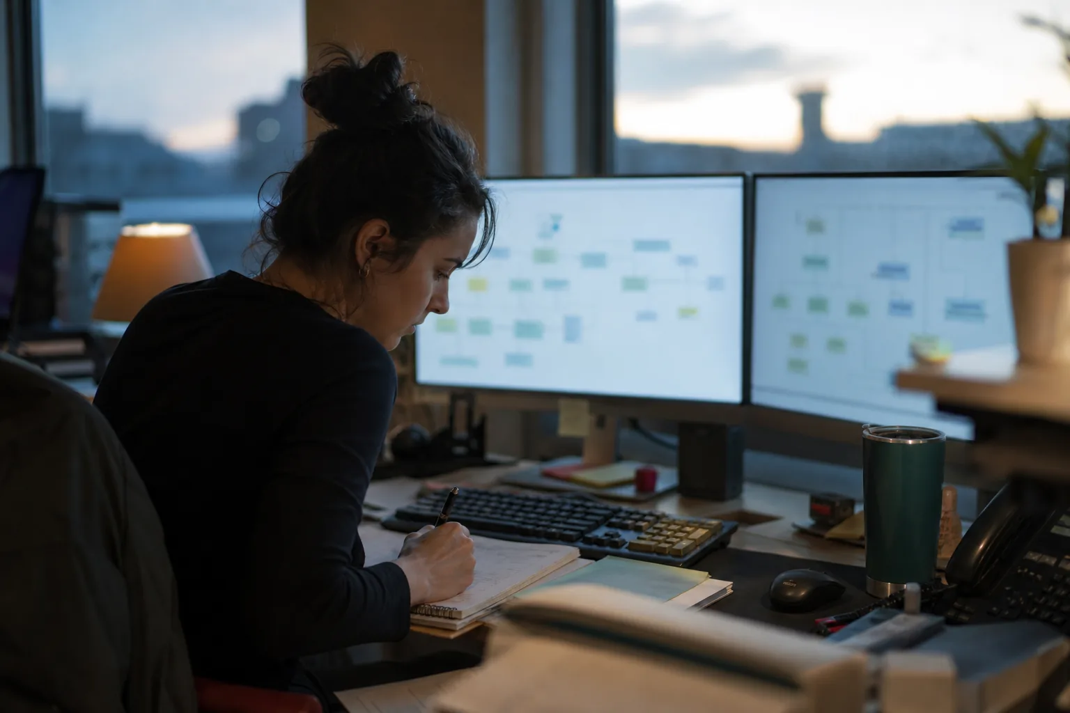 Operations specialist setting up automated reminders with a large monitor and notebook