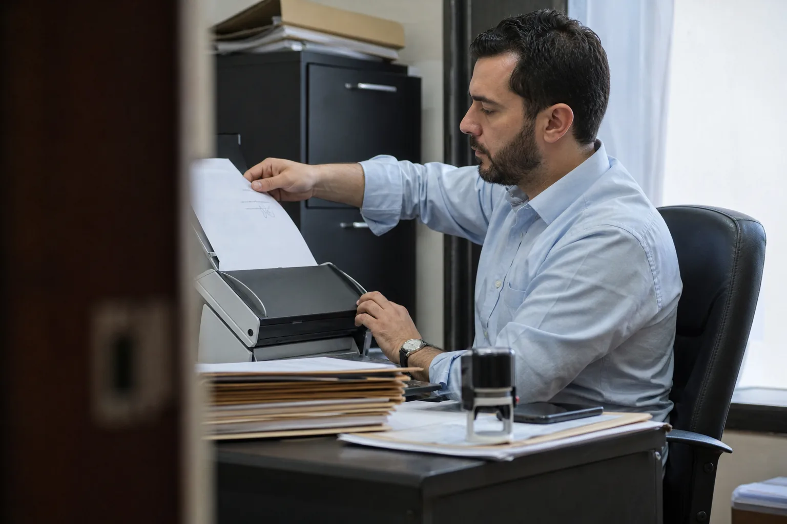 Finance manager scanning signed documents to upload for a vendor onboarding