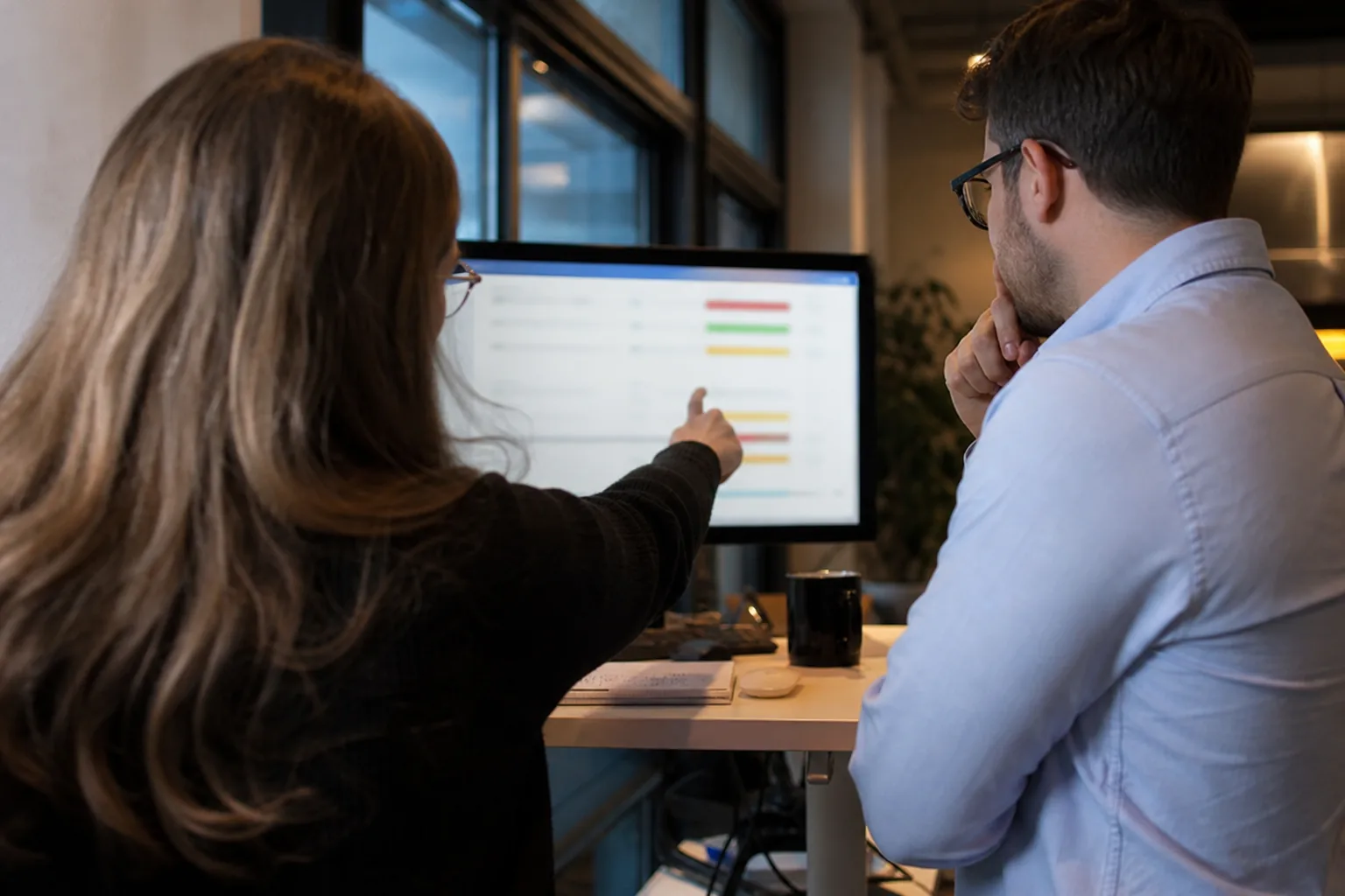 Head of customer success reviewing account risk with a colleague at a standing desk