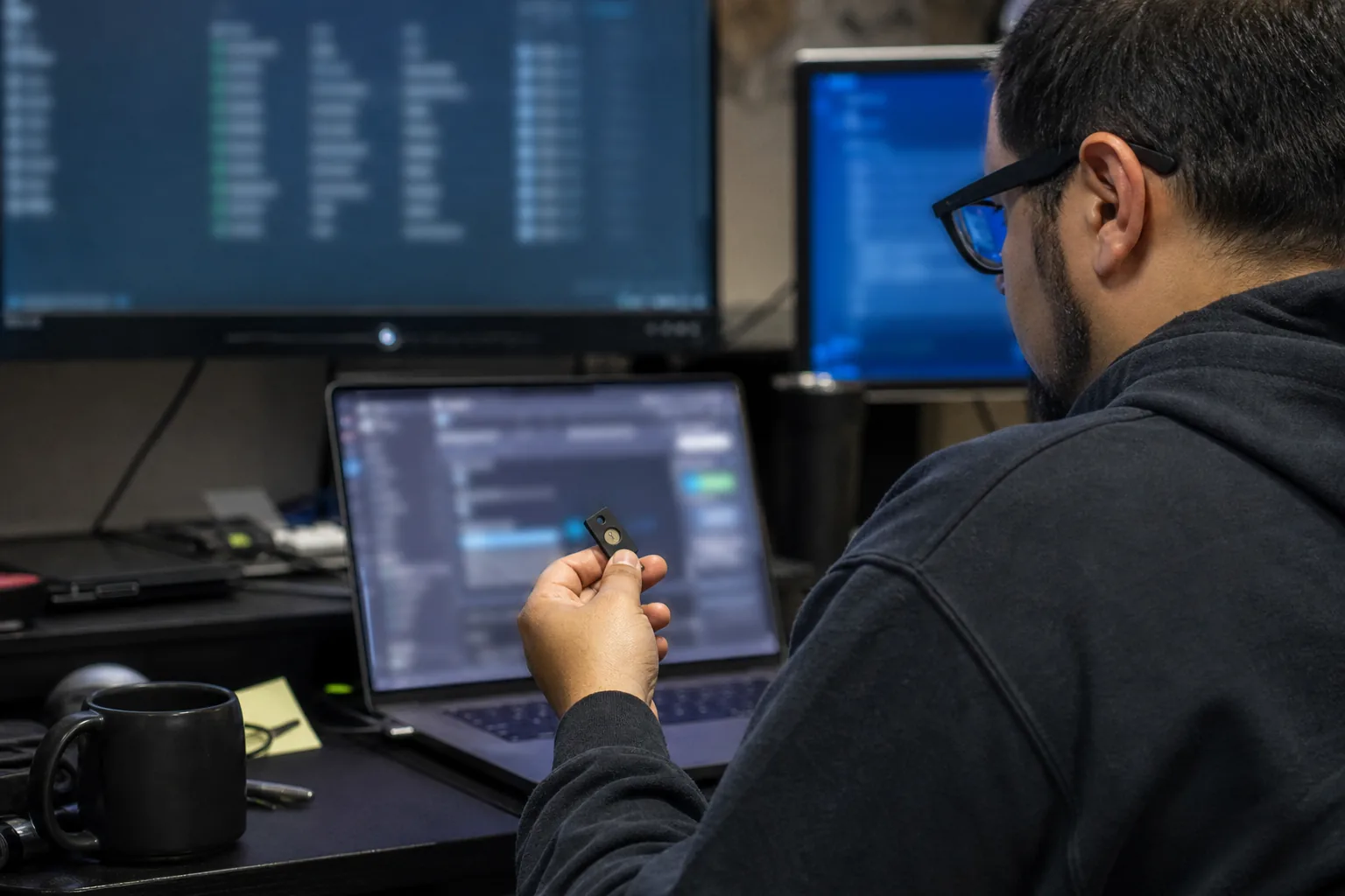 IT security lead reviewing access settings at a desk with a hardware security key