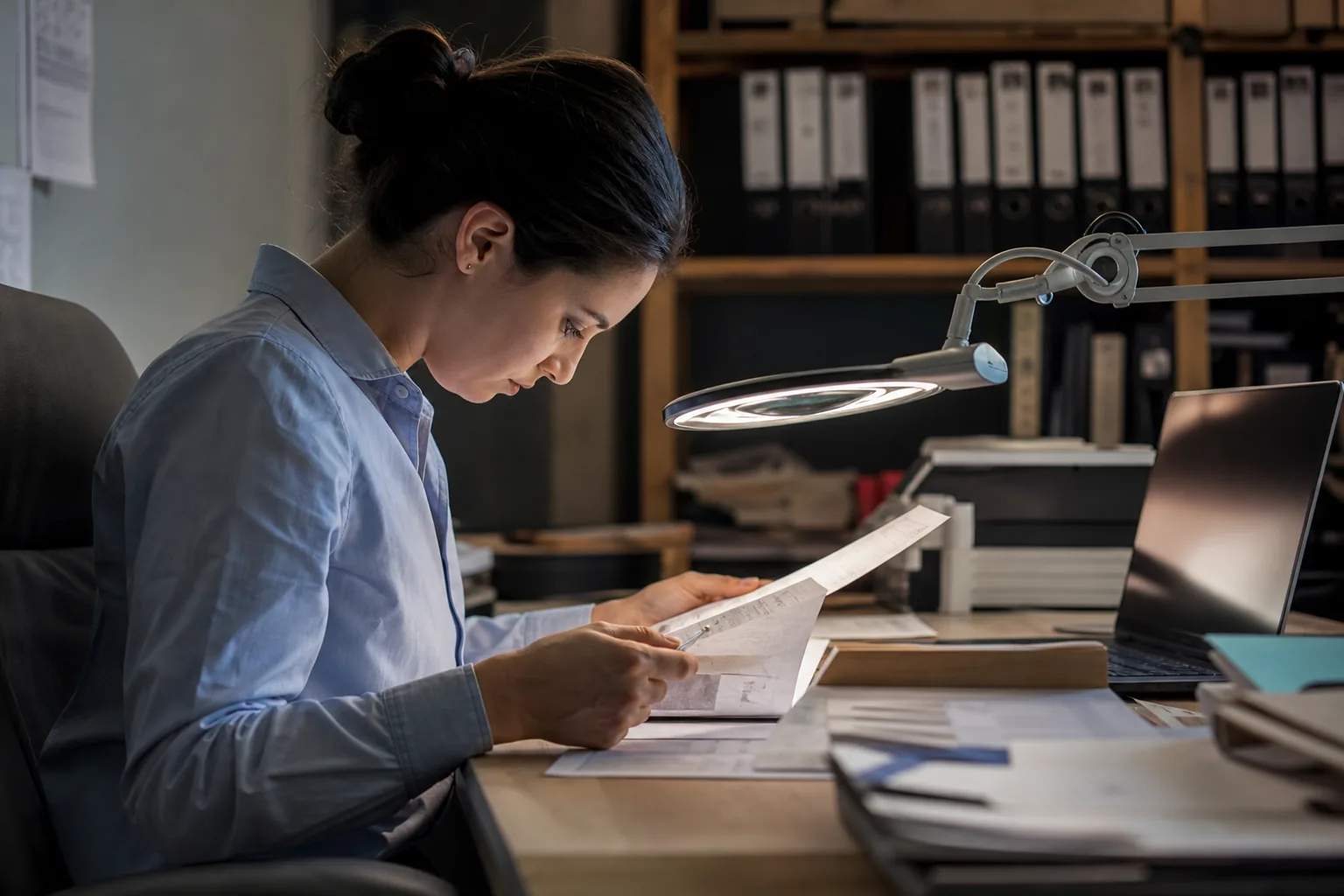 Compliance analyst reviewing company verification documents with a magnifier lamp