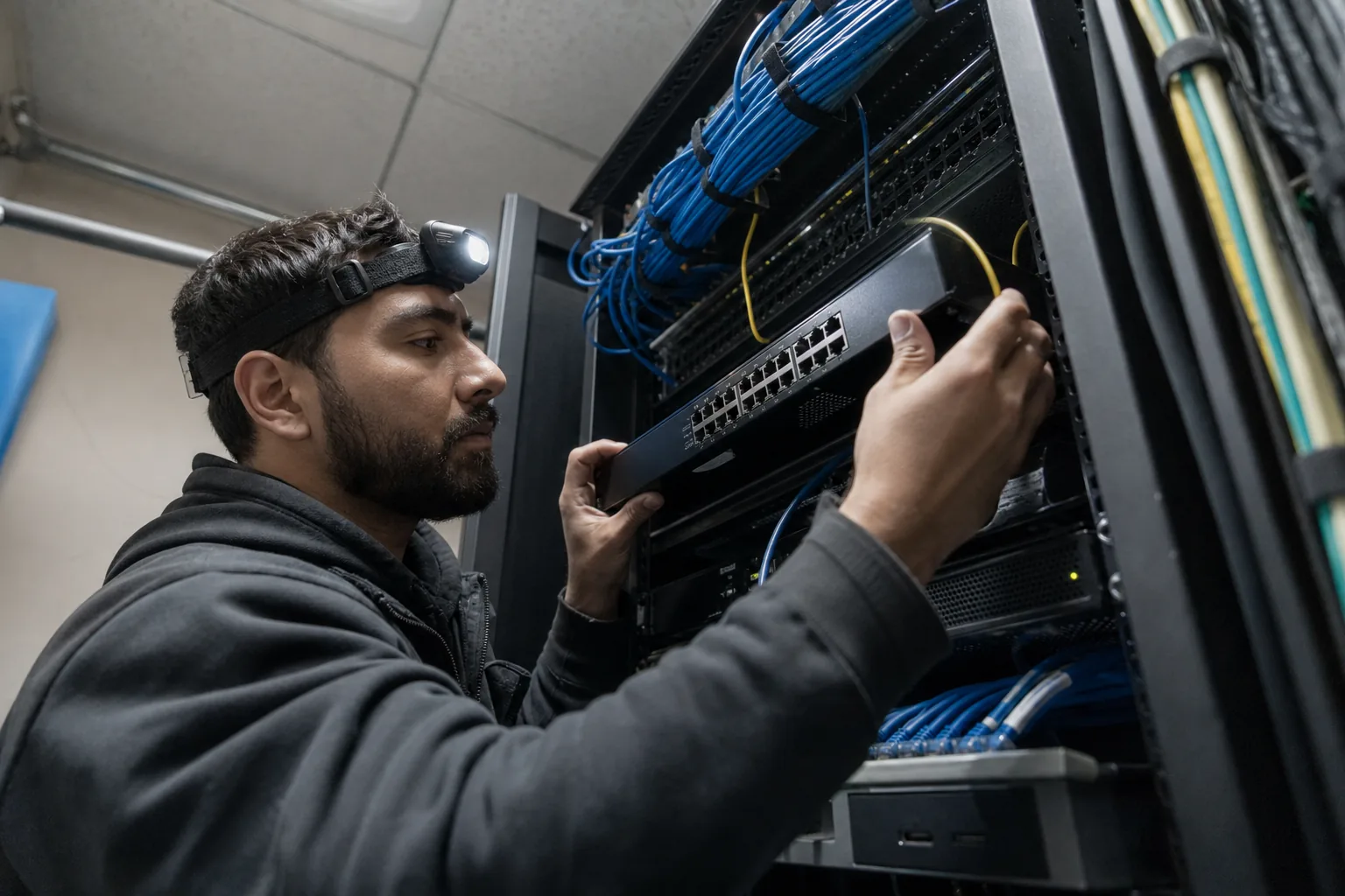 IT technician installing network equipment in a client's server closet during onboarding
