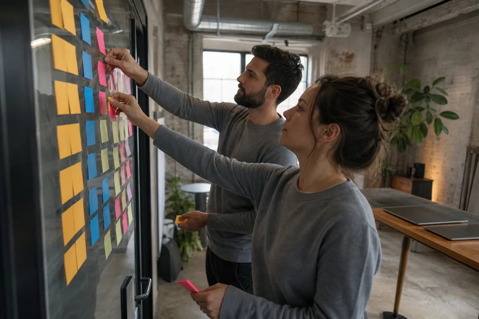 Startup founder and first customer success hire reviewing a new customer onboarding plan on a laptop