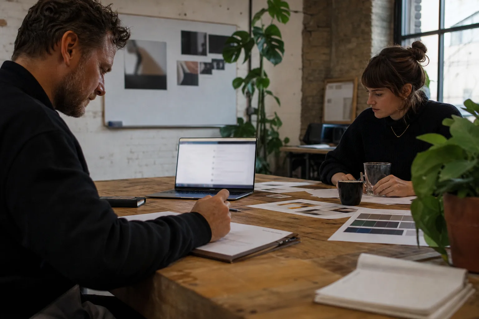 Small creative agency owner and account manager preparing a new client onboarding plan at a studio table