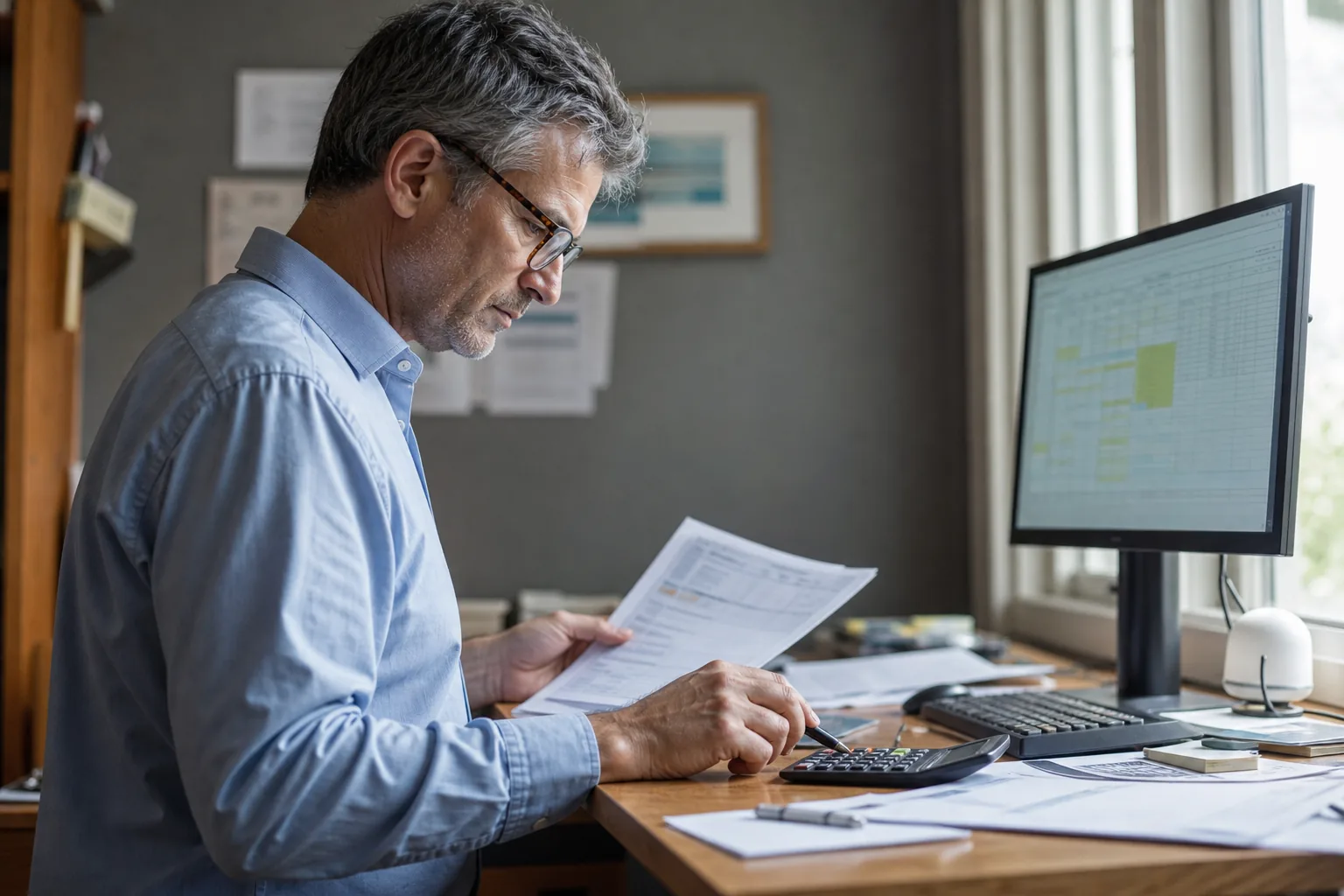 Finance lead reviewing software subscription invoices against a budget sheet