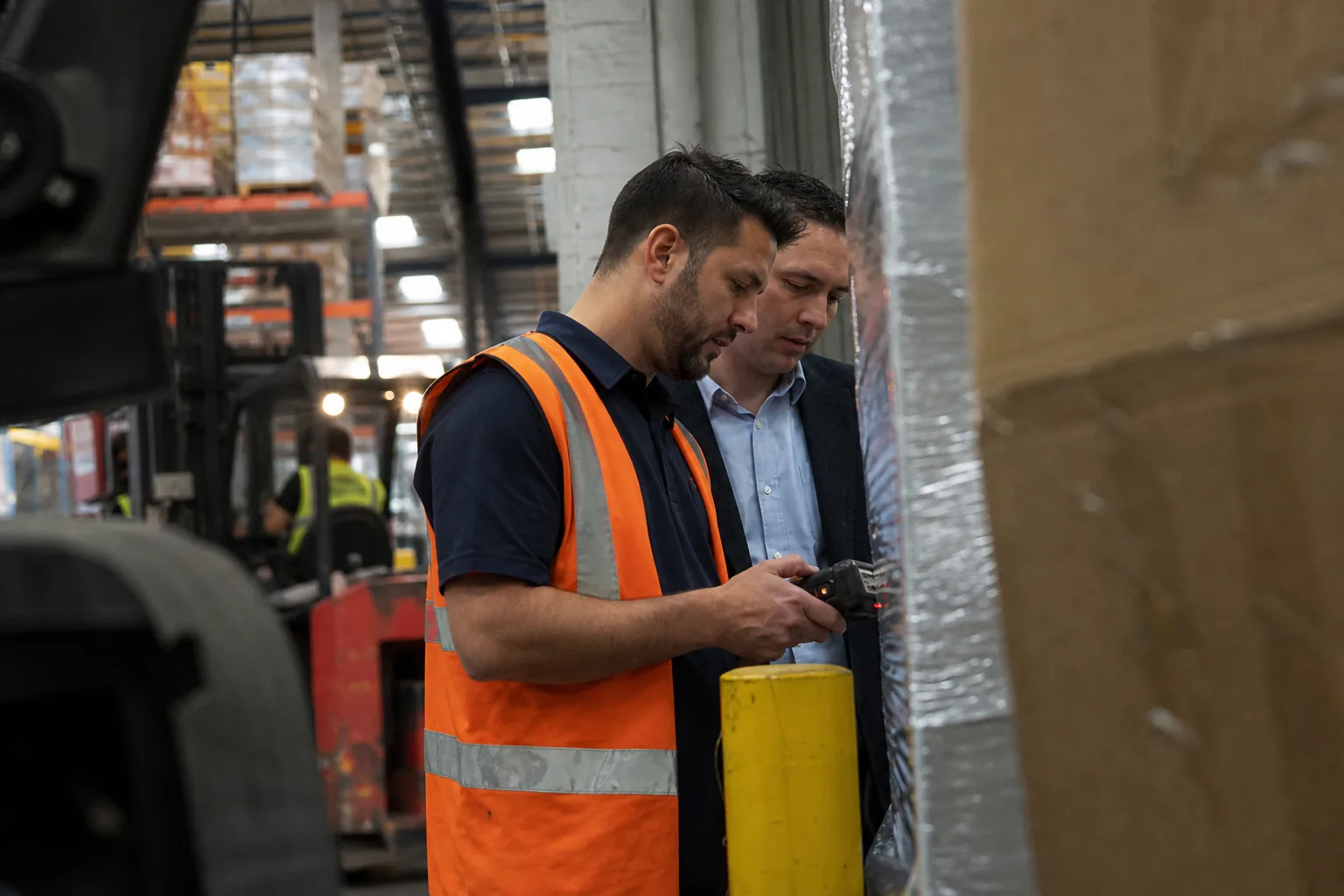 Warehouse manager and software consultant watching the first live shipment scan on a handheld device