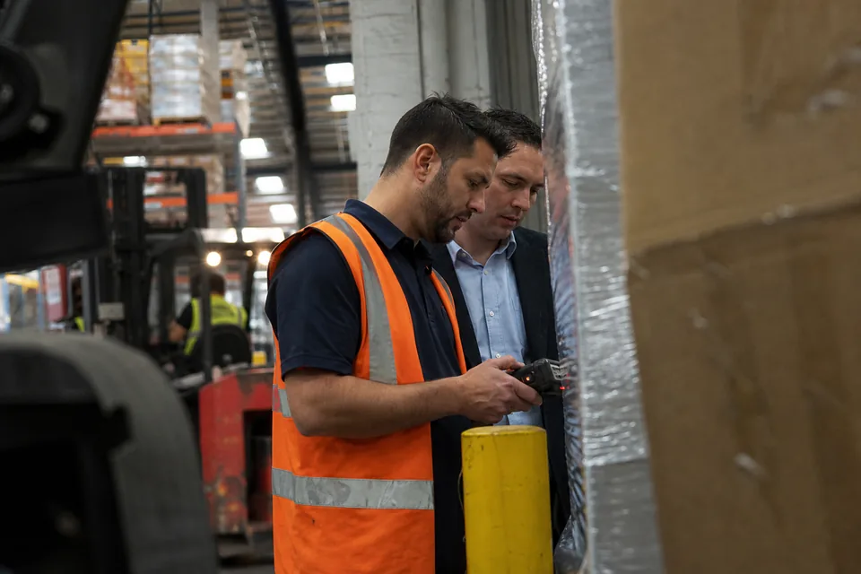 Warehouse manager and software consultant watching the first live shipment scan on a handheld device